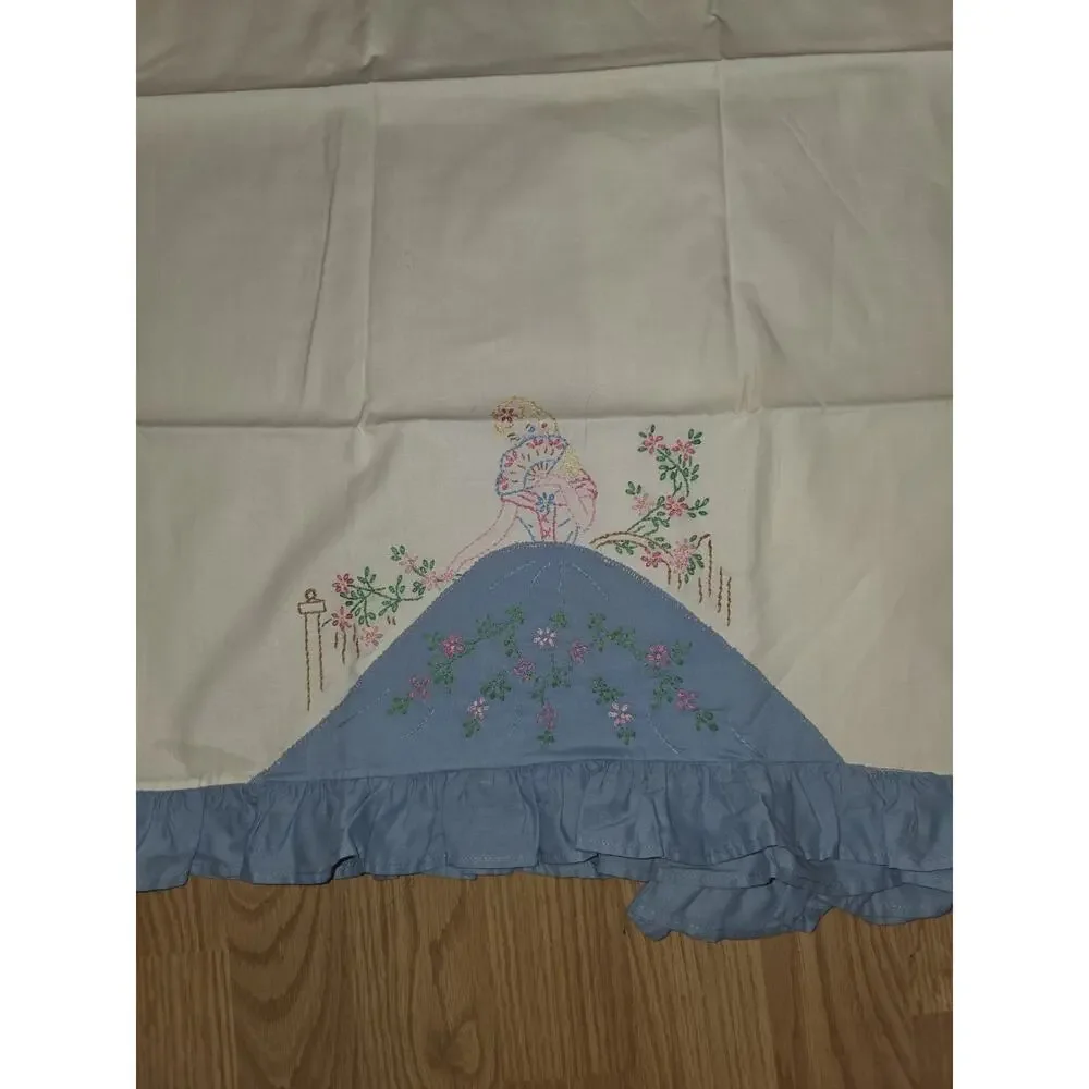 Vintage Hand Painted Embroidered Victorian Lady Pillowcase Pair Blue White Read
